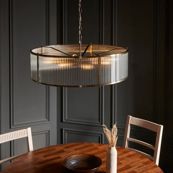 Ridgeton 8 Light Antique Brass & Ribbed Shade Glass Pendant-OB-35-25-09