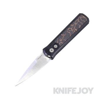 Pro-tech Knives 7210 Livewire Auto Godson Knife Satin Plain 20CV Blade with "Livewire" Carbon Fiber Inlay Black Satin Aluminum Handles / Black Lip Mother of Pearl Button - Open Box