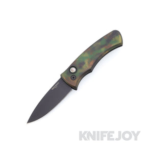 Pro-Tech Knives DUKE2103-WOODLAND Duke 2 Auto Black DLC Magnacut Blade with Custom Anodized Woodland Camo Aluminum Handles / Black Lip Pearl Button / Black Hardware and Clip - Open Box