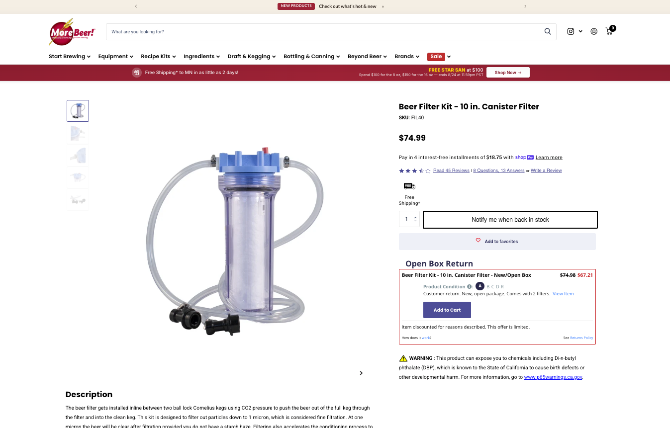Open-box beer filter kit